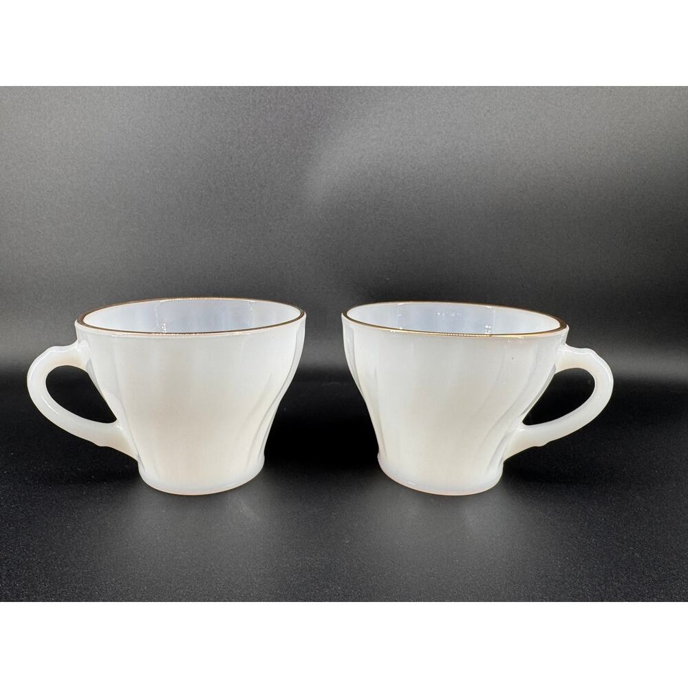 Vintage Fire King Milk Glass Tea Cups 22K Gold Rim Anchor Hocking Swirl Set of 2